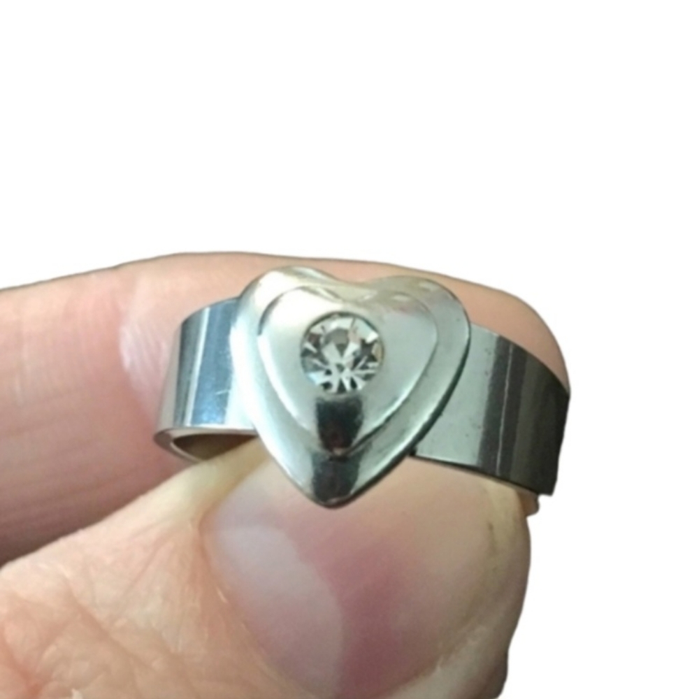 Silver Stainless Steel Heart Rhinestone Ring Wide Band Ring Size 8